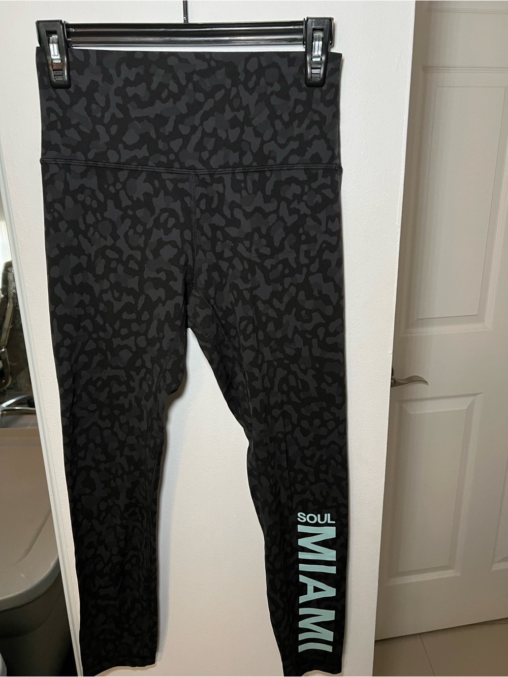 lululemon Soul Cycle Miami Black Patterned Leggings with Blue Side Logo